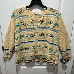 Vintage Knit Cream Sweater W/ Blue Floral Embroidery, Stripes And Buttons 2X